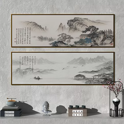 Chinese Traditional Landscape Painting With Mountains Buildings Boats And Calligraphy On Wall 3d model