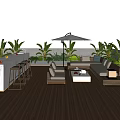 Rooftop Garden with Wooden Deck Bar Counter Sofa Plants and City View Under Starry Sky