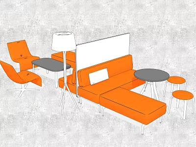 Orange L shaped Sofa And Coffee Table Set With Matching Chairs Stools And Floor Lamp 3d model