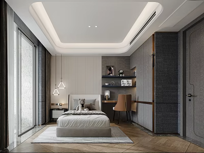 Modern Children's Bedroom With Bed Desk Chair Shelves And Lighting 3d model