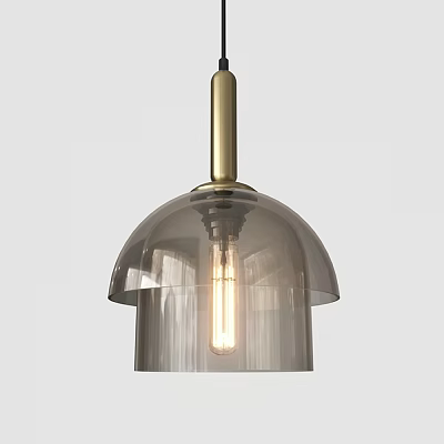 Modern Dome Shaped Chandelier Featuring Golden Metal Rod Transparent Glass Lampshade And Illuminated Bulb 3d model