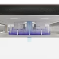 Modern Style Showroom With Curved Screens Central Column White Circular Seats And Geometric Ceiling