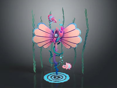 Colorful Marine Creature With Pink Fan Body Spiral Tentacles Green Seaweed And Small Fish 3d model