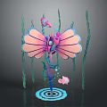 Colorful Marine Creature With Pink Fan Body Spiral Tentacles Green Seaweed And Small Fish