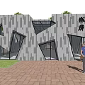 Urban Post Station Building With Gray Brick Wall And Geometric Windows Design 3d model