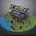 Wooden Mobile House With Tiled Roof Wheels Grass River And Mushrooms