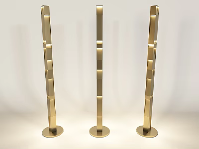 Three Golden Floor Lamps with Modern Column Design and Stacked Structure 3d model