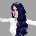 Woman in white shirt black skinny pants with long black hair arms outstretched gray background