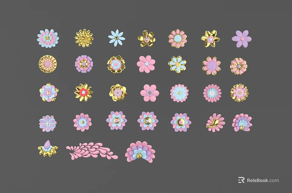 Colorful Flower Shaped Decorative Stickers With Various Designs And Vibrant Colors 3d model 