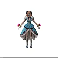 Child In Blue Dress With White Lace Pink Hair Pigtails Holding Red Flowers And Pink Bow