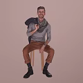 Smiling Man Sitting On Wooden Chair With Gray Sweater Brown Pants And Scarf