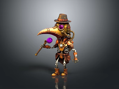 Steampunk Skeleton Man With Brown Hat Purple Eye And Staff With Purple Orb 3d model