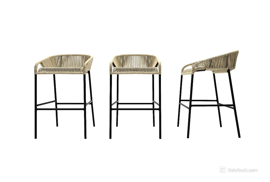 Modern Woven Bar Stools with Metal Legs and Backrest Set of Three 3d model 