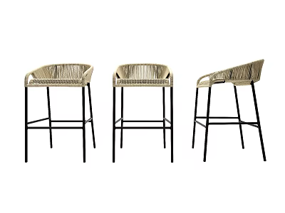 Modern Woven Bar Stools with Metal Legs and Backrest Set of Three 3d model