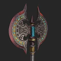 Ornate Battle Axe With Intricate Carvings And Blue Gemstone Accents