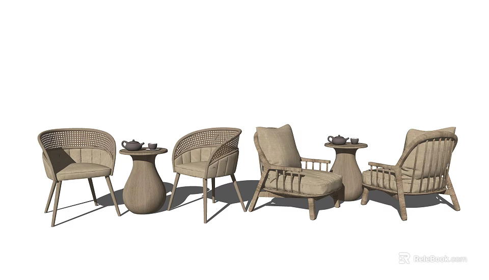 Modern Cozy Casual Sofa Set With Wicker Design And Wooden Side Tables Accent Chairs 3d model 