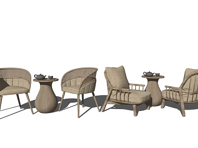 Modern Cozy Casual Sofa Set With Wicker Design And Wooden Side Tables Accent Chairs 3d model
