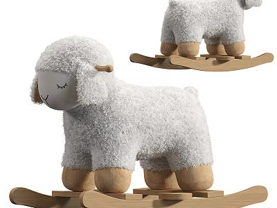 Fluffy White Sheep Dolls As Rocking Toys With Wooden Bases 3d model