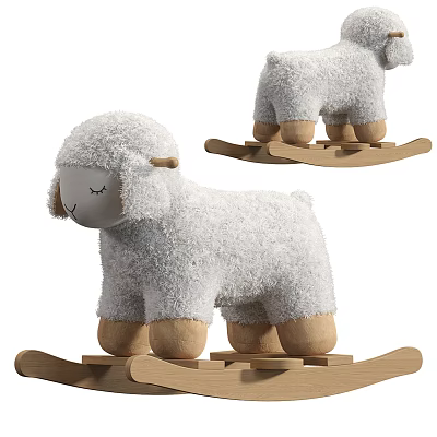 Fluffy White Sheep Dolls As Rocking Toys With Wooden Bases 3d model