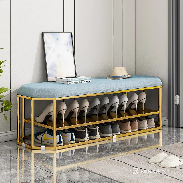 Blue Cushion Gold Frame Sofa Bench with Multi Layer Shoe Storage and Decor Items 3d model 
