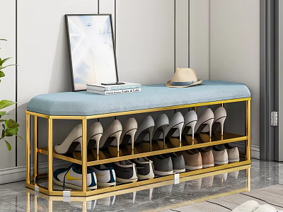 Blue Cushion Gold Frame Sofa Bench with Multi Layer Shoe Storage and Decor Items 3d model