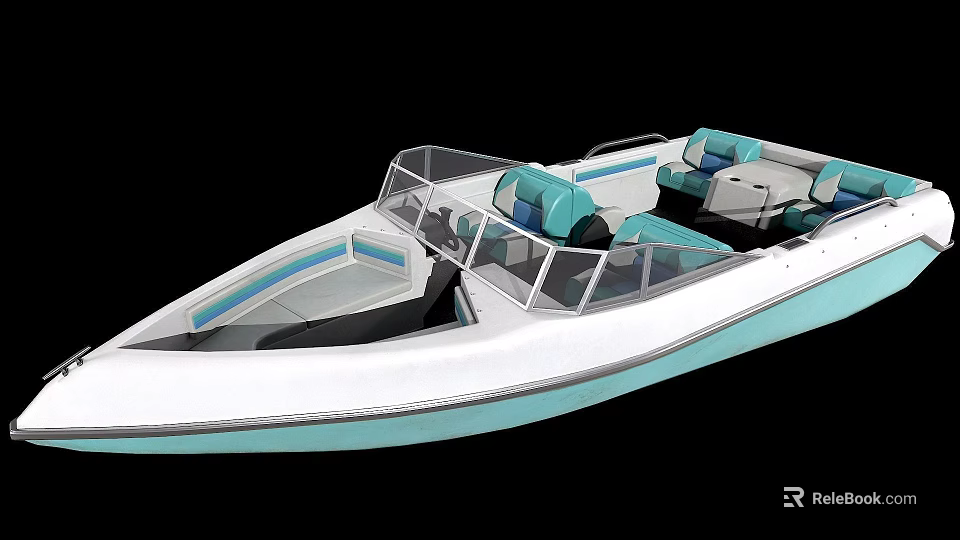 Modern White And Light Blue Yacht With Transparent Windshield And Blue Seats 3d model 