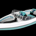 Modern White And Light Blue Yacht With Transparent Windshield And Blue Seats