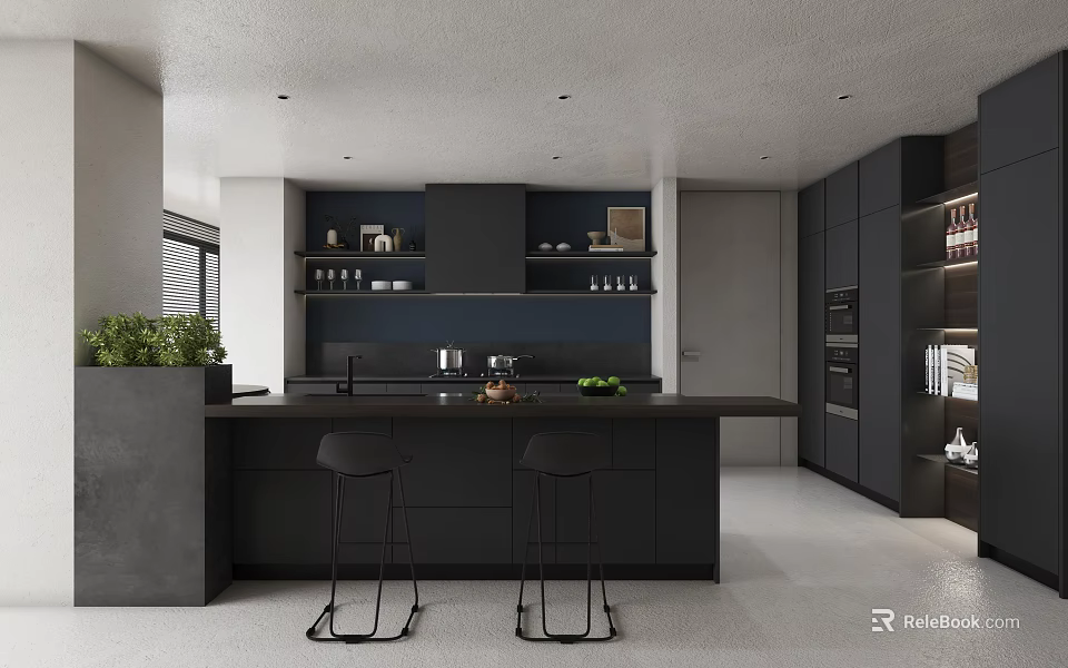 Modern Open Concept Kitchen Interior With Island Counter Cabinets And Bar Stools 3d model 