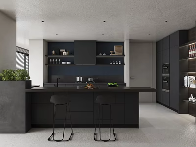Modern Open Concept Kitchen Interior With Island Counter Cabinets And Bar Stools 3d model