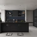 Modern Open Concept Kitchen Interior With Island Counter Cabinets And Bar Stools
