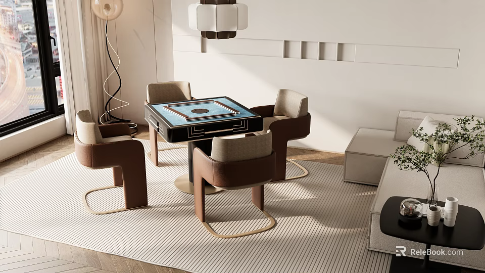 Modern Entertainment Mahjong Table With Brown Chairs Striped Rug And Modern Living Room Decor 3d model 