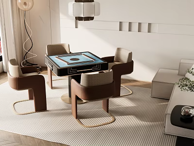 Modern Entertainment Mahjong Table With Brown Chairs Striped Rug And Modern Living Room Decor 3d model