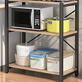 Functional Kitchen Storage Shelf Unit With Microwave Yellow Pot And Storage Containers 3d model