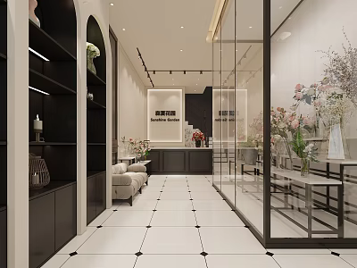 Elegant Modern Specialty Store Interior With Display Shelves Sofa Flower Vases Tile Floor And Lighting 3d model