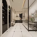 Elegant Modern Specialty Store Interior With Display Shelves Sofa Flower Vases Tile Floor And Lighting