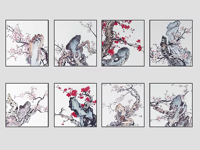 Traditional Chinese Ink Paintings Featuring Plum Blossom and Rock in Eight Panels 3d model