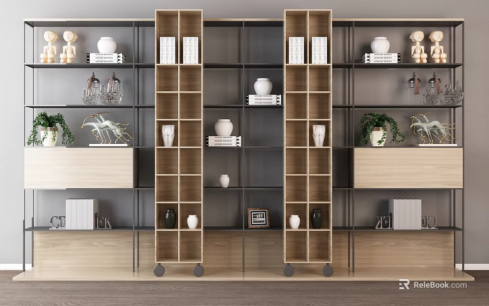 Modern Wooden Bookcase With Mobile Wheels Shelves And Decorative Vases Books 3d model 