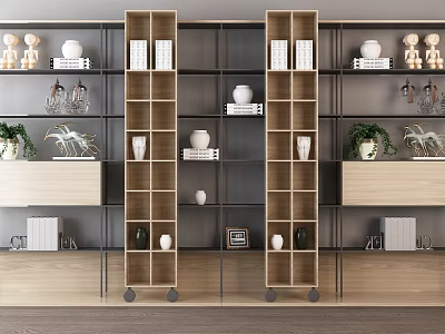 Modern Wooden Bookcase With Mobile Wheels Shelves And Decorative Vases Books 3d model