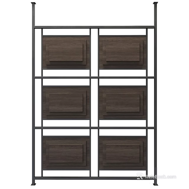 Modern Grid Design Room Divider With Black Metal Frame And Dark Brown Wooden Panels 3d model 