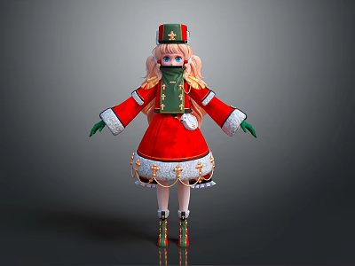 Cute Blonde Character In Red Green Outfit With Gold Accents White Trim And Green Gloves 3d model