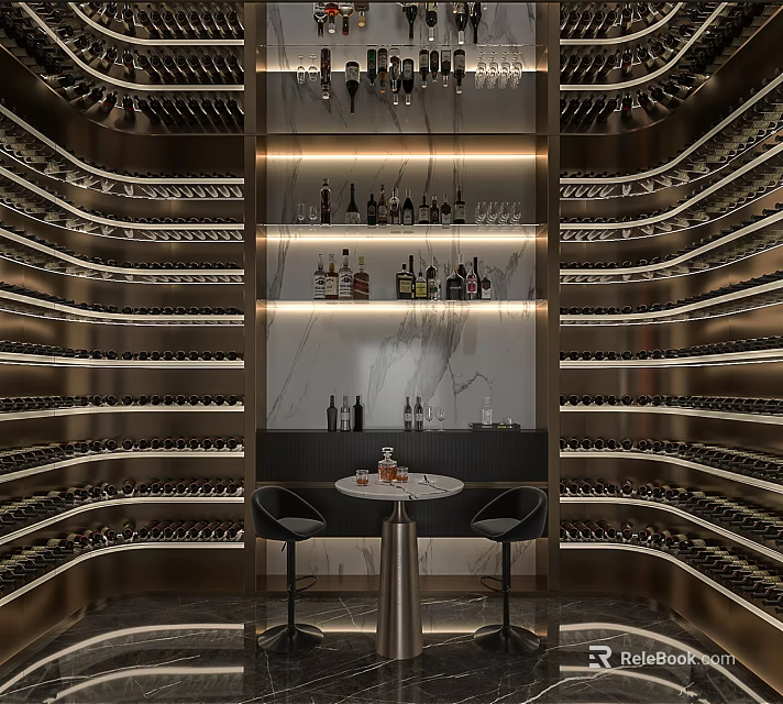 Luxurious Wine Cellar Interior With Curved Wine Racks And Illuminated Marble Display Wall 3d model 