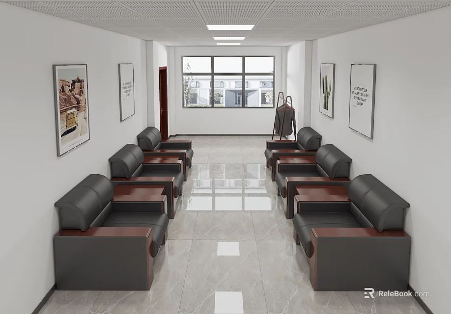 Modern Lounge Area With White Walls Framed Pictures Black Leather Sofas And Marble Flooring 3d model