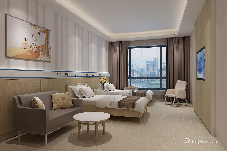 Modern Hotel Room Interior With Bed Sofa Coffee Table Decorative Paintings And City View 3d model 