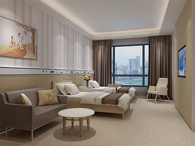 Modern Hotel Room Interior With Bed Sofa Coffee Table Decorative Paintings And City View 3d model