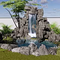Natural Garden Ornament With Rockery Waterfall Lush Green Plants Trees And Pond