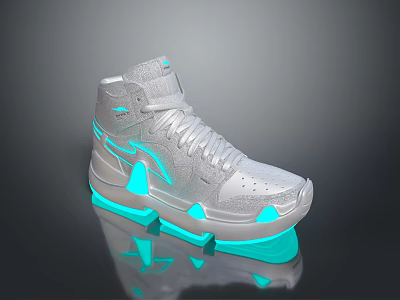 Gray High Top Sneakers With Blue Neon Accents On Sole And Reflective Design 3d model