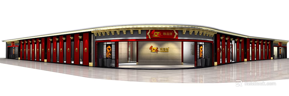 Traditional Chinese Private Kitchen Restaurant Facade With Red Decor And Signboard Design 3d model 