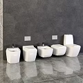 Four White Wall Mounted Toilets In Modern Bathroom With Dark Wall And Gray Tiled Floor