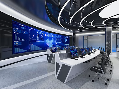 Modern High Tech Monitoring Room Interior With Large Display Screens Data Visualization And Control Console 3d model