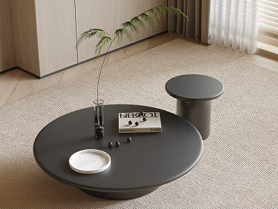 Modern Round Black Coffee Table With Sleek Design Topped With Book White Plate And Fruits 3d model